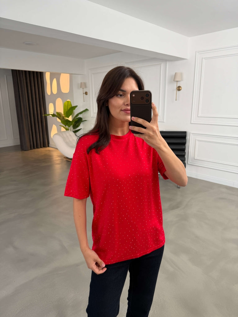 Kırmızı Taş Baskılı Tshirt 4236-Kırmızı