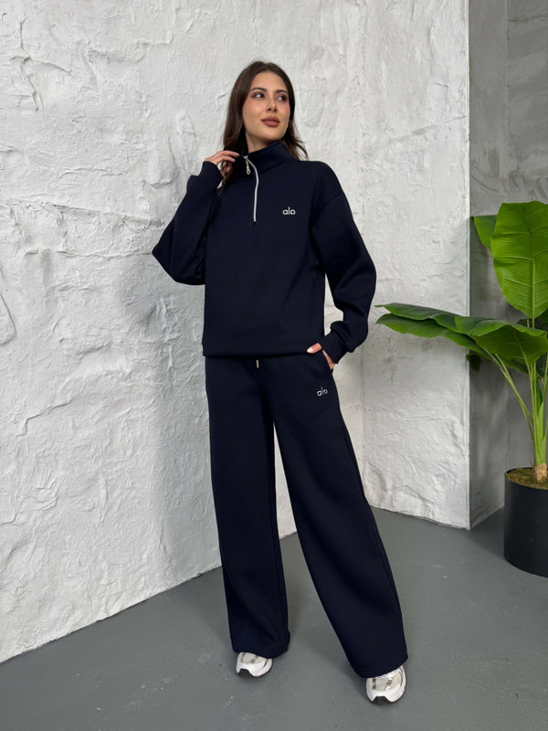 Lacivert Yarım Fermuarlı Şardonlu Sweat Takım 4028-Lacivert