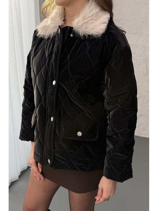 Siyah Yakası Kürklü Kapitone Mont 60559-Siyah