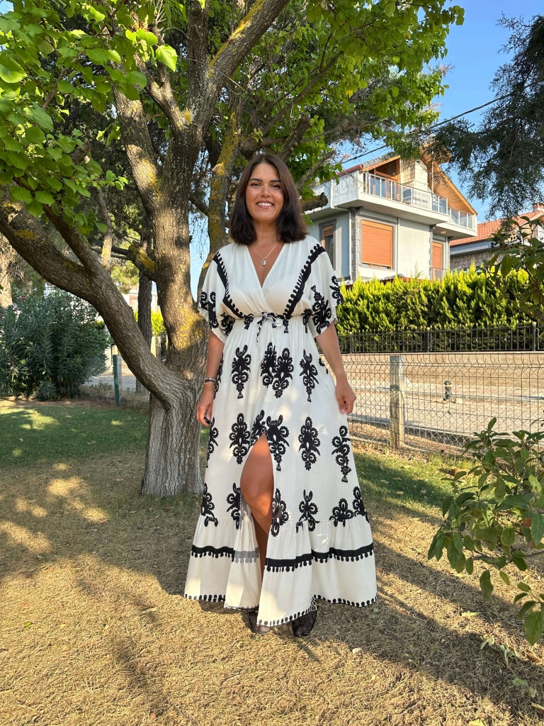 Ekru Desenli Beli Lastikli Elbise