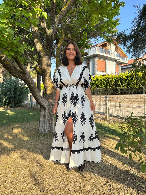 Ekru Desenli Beli Lastikli Elbise