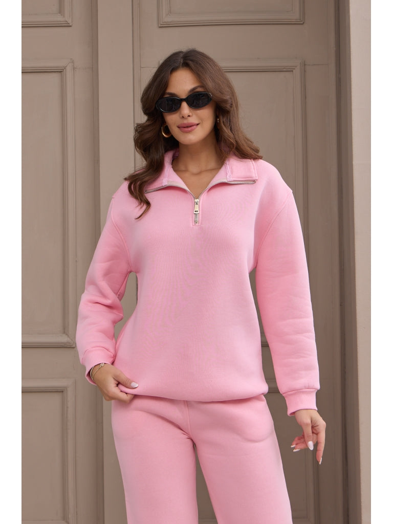 Pembe Fermuarlı Basic Sweat