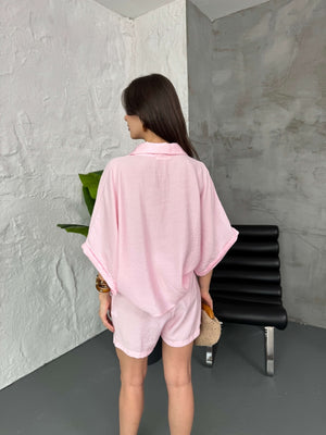 Pembe Hasır Kemerli Şortlu Tencel Takım