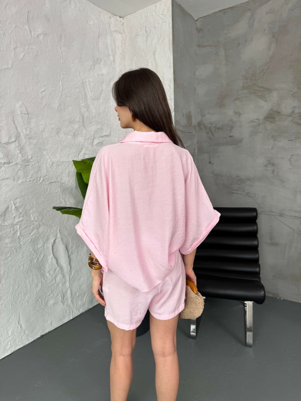 Pembe Hasır Kemerli Şortlu Tencel Takım