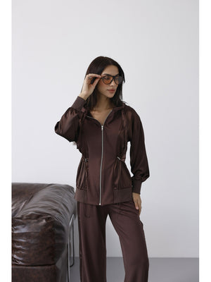 Kahverengi Saten Detaylı Bel Bağcıklı Takım 4108-Kahverengi