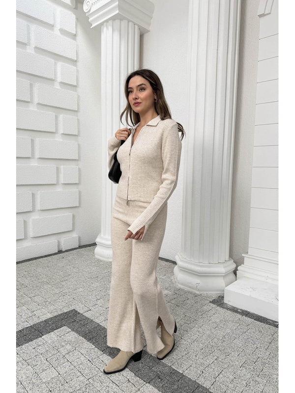 Taş Çift Fermuarlı Fitilli Triko Takım 0103-Taş