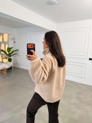 Bej Ön Fermuarlı Peluş Sweat 22889-Bej