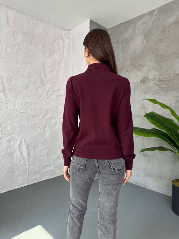 Bordo Polo Yaka Gül Düğmeli Triko Kazak