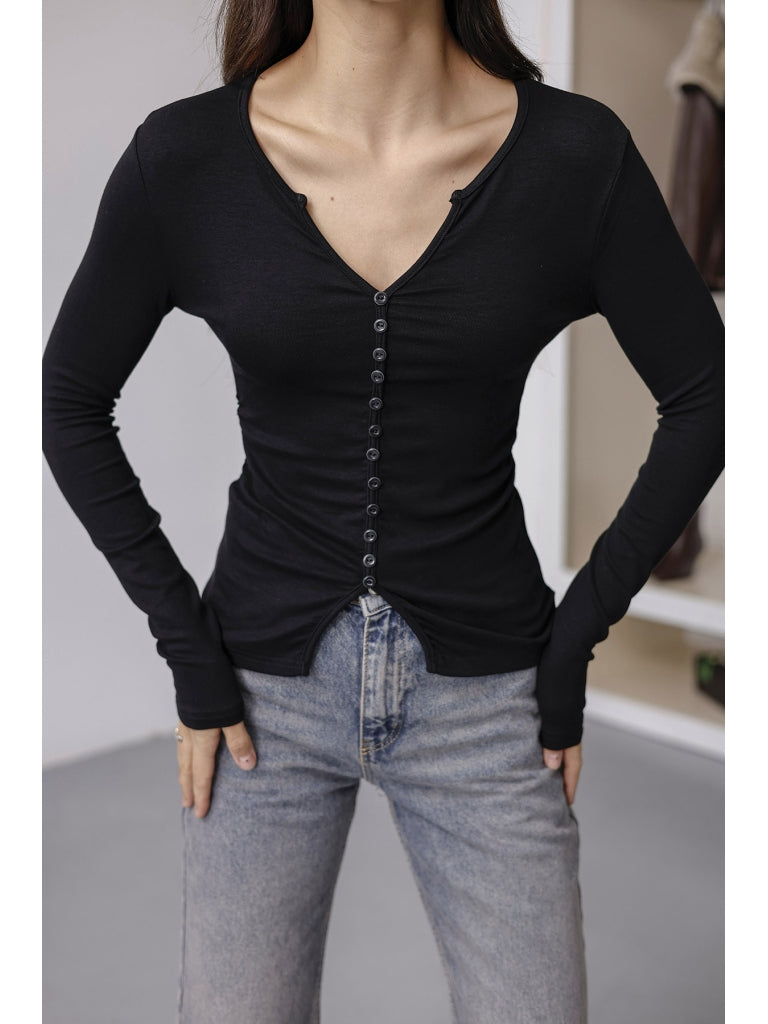 Siyah Büzgülü Düğme Detaylı Bluz 1015-Siyah