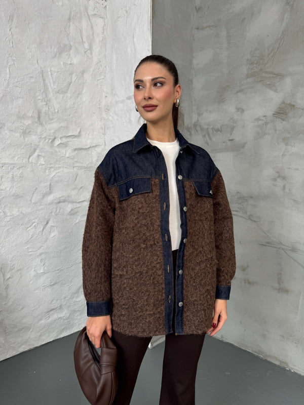 Kahverengi Denim Garnili Buklet Ceket 240269-Kahve