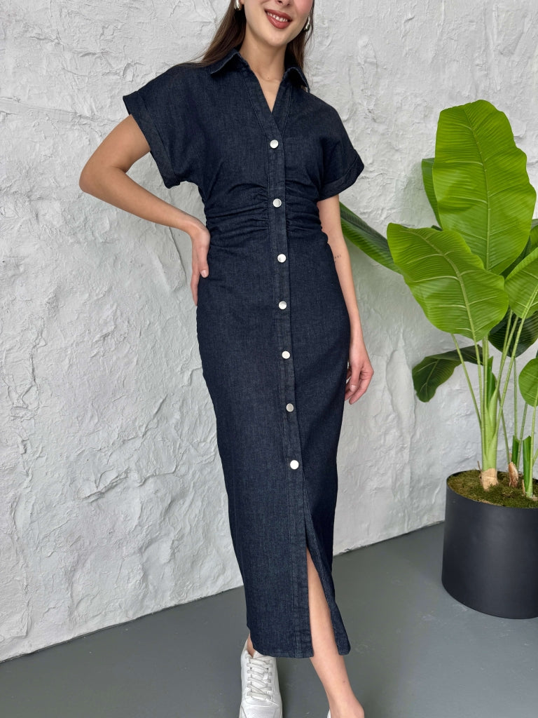 Lacivert Düşük Kol Drapeli Denim Elbise 258198-LACİVERT