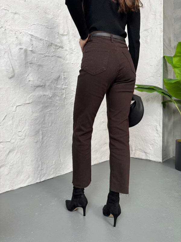 Kahverengi Boy Fit Kesik Paça Orj Jean 2402-Kahverengi