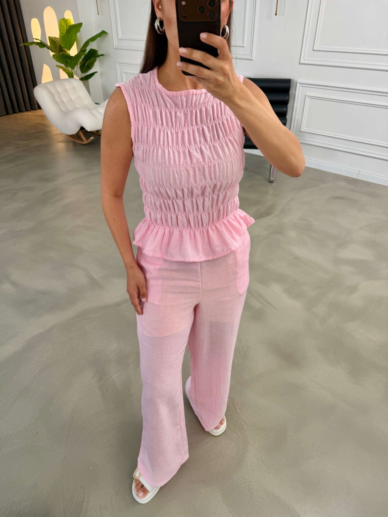 Pembe Gipeli Bluzlu Keten Takım 580960-Pembe