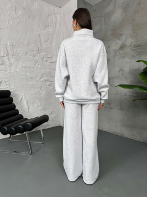 Gri Yarım Fermuarlı Şardonlu Sweat Takım