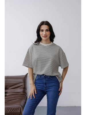 Ekru Çizgili Orj Marka Oversize Tshirt 6274-Ekru