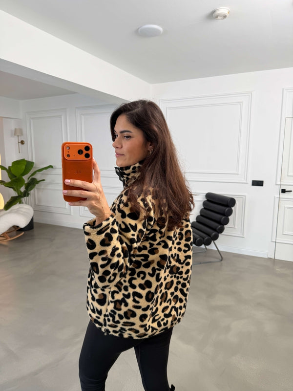 Leopar Yakası Çıtçıtlı Peluş Sweat 4322-Leopar