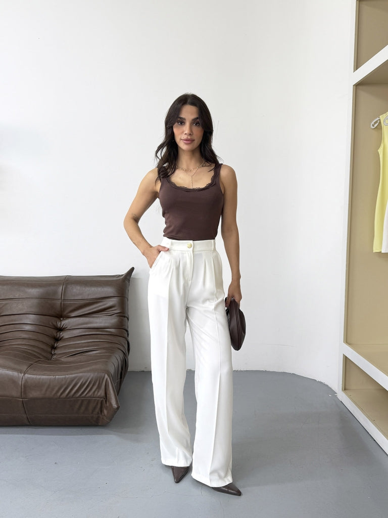 Beyaz Gold Düğme Detaylı Palazzo Pantolon 51078-BEYAZ