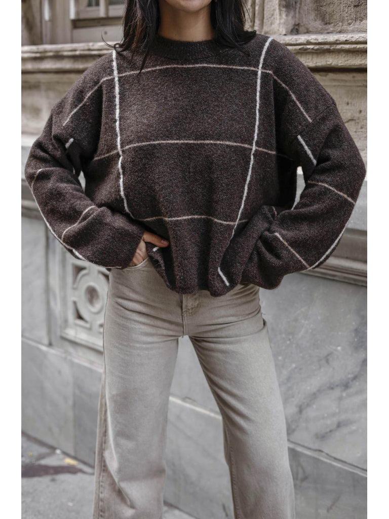 Kahve Yumoş Ekoseli Elitli Triko Kazak 2613-Kahve