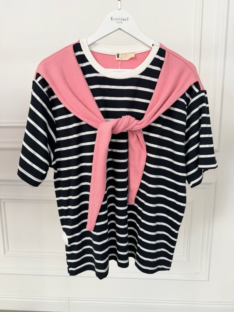 Pembe Fularlı Çizgili Tshirt 58499-Pembe