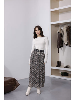 Bej Ekose Desen Kemerli Kraş Etek 7735-Bej