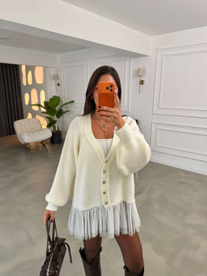 Ekru Tül Garnili Oversize Hırka 2839-Ekru