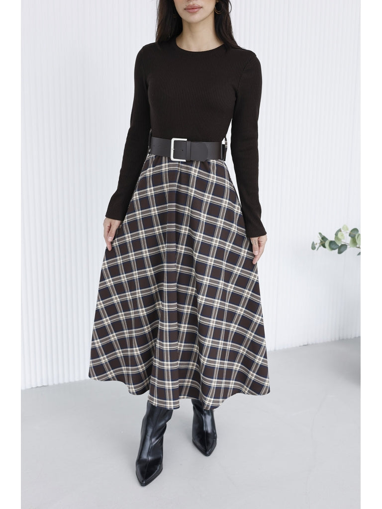 Kahverengi Eteği Ekoseli Elbise 35552-Kahverengi