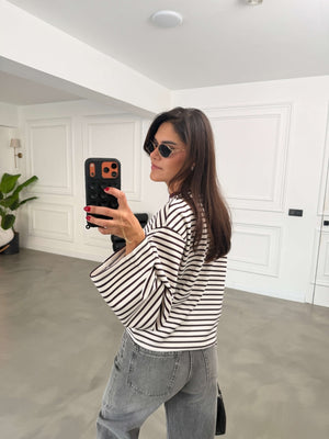 Beyaz Bordo Çizgili Oversize Sweat 12613-Bordo