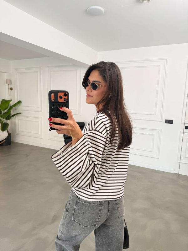 Beyaz Bordo Çizgili Oversize Sweat 12613-Bordo