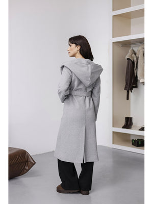 Gri Kapşonlu Kaşe Kaban 2610-Gri