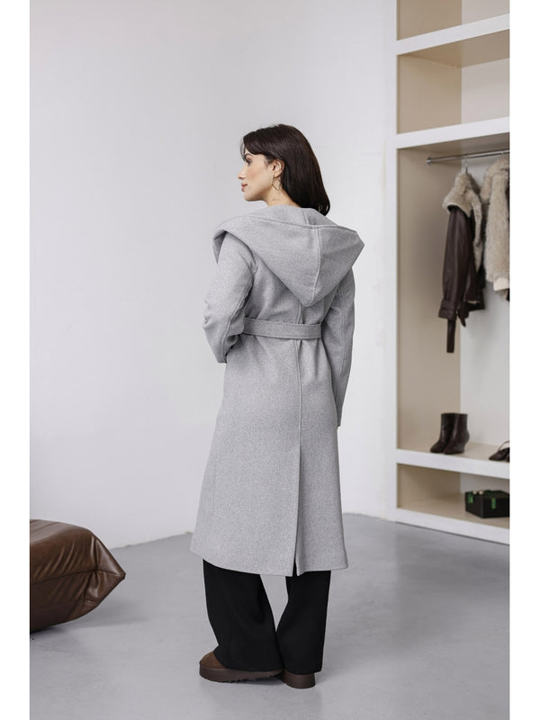 Gri Kapşonlu Kaşe Kaban 2610-Gri