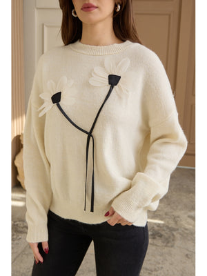 Ekru Keten Çiçekli Oversize Kazak