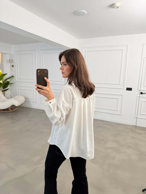 Beyaz Nakış Detaylı Oversize Gömlek 7682-Beyaz