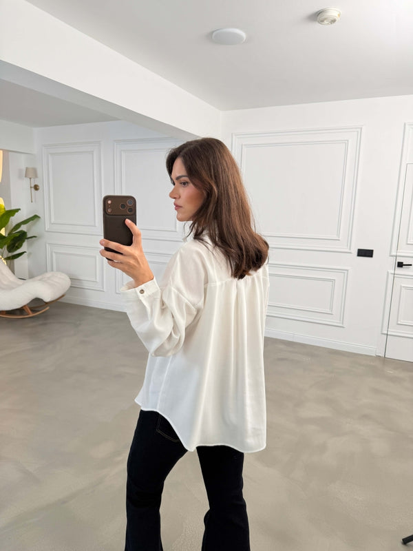 Beyaz Nakış Detaylı Oversize Gömlek 7682-Beyaz