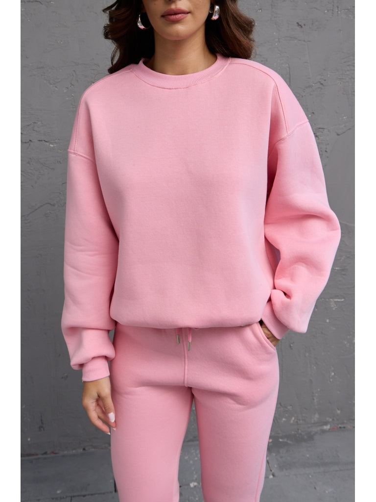 Pembe Bisiklet Yaka Üç İplik Şardonlu Sweat