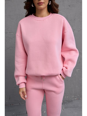 Pembe Bisiklet Yaka Üç İplik Şardonlu Sweat