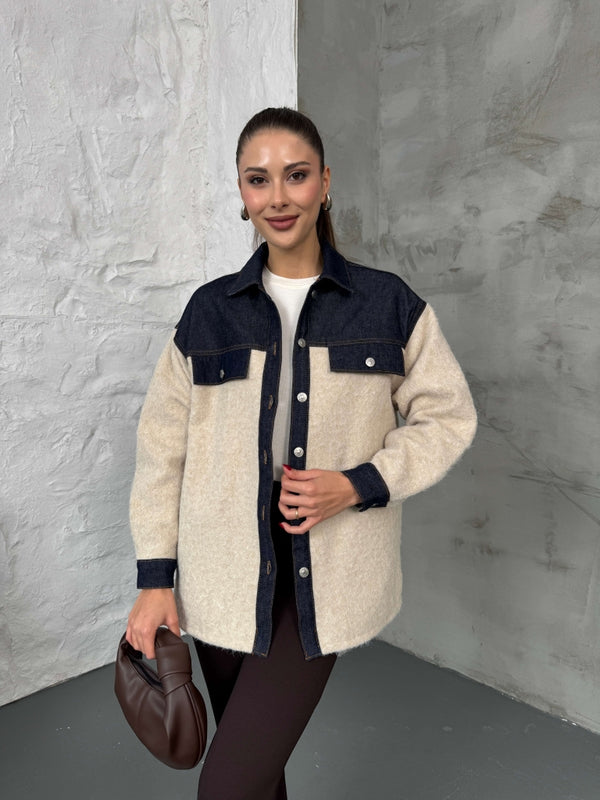 Taş Denim Garnili Buklet Ceket 240269-Taş