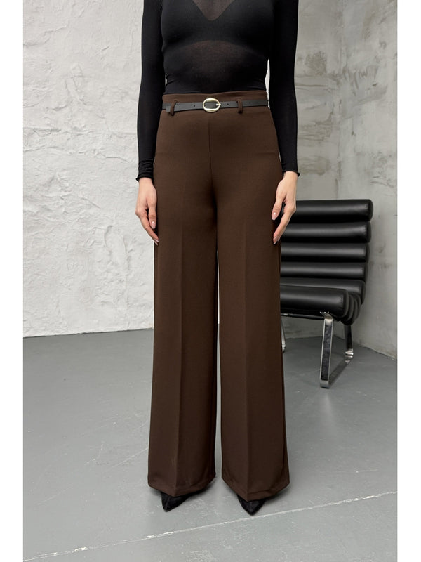 Kahverengi İnce Kemerli Bol Paça Pantolon 9150-Kahverengi