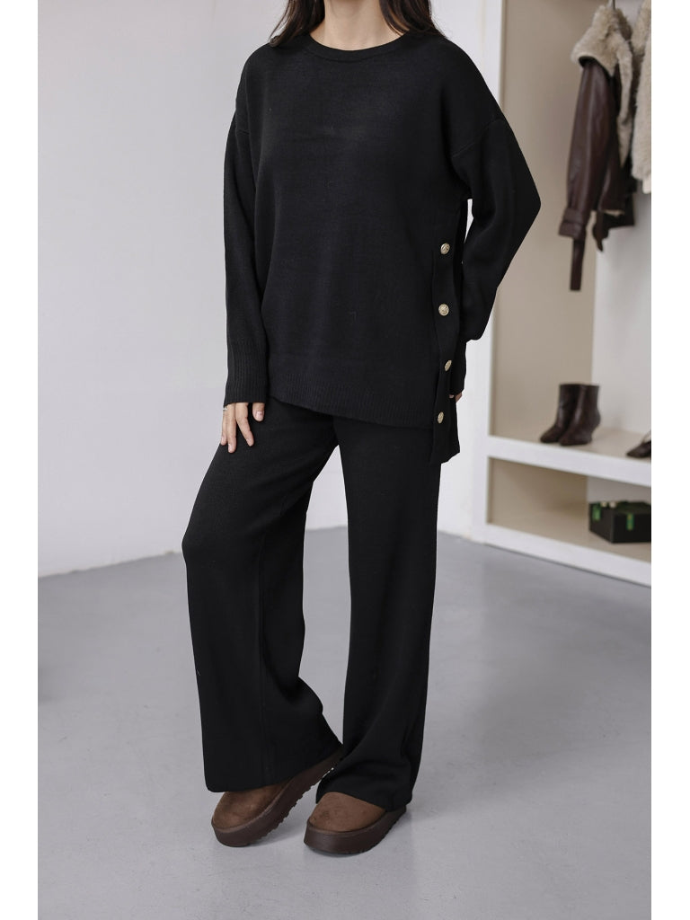 Siyah Yanları Gold Düğmeli Triko Takım 1006-Siyah