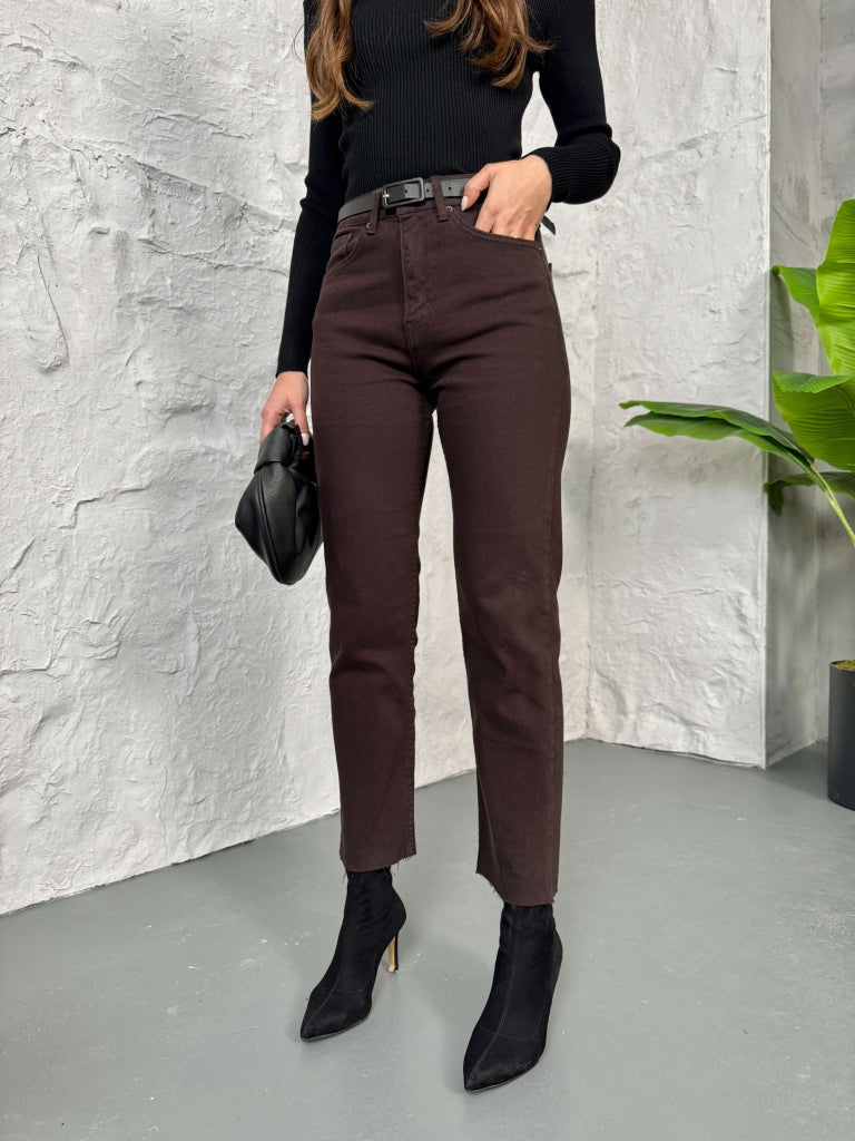 Kahverengi Boy Fit Kesik Paça Orj Jean 2402-Kahverengi