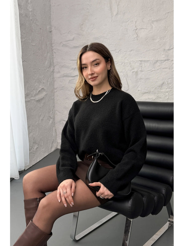 Dilvin Siyah Yün Karışımlı Kazak 10640-Siyah