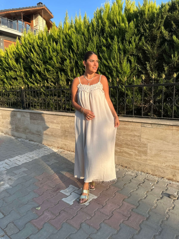 Taş İp Askılı Keten Elbise