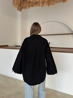 Siyah İspanyol Kol Oversize Cep Detaylı Gömlek