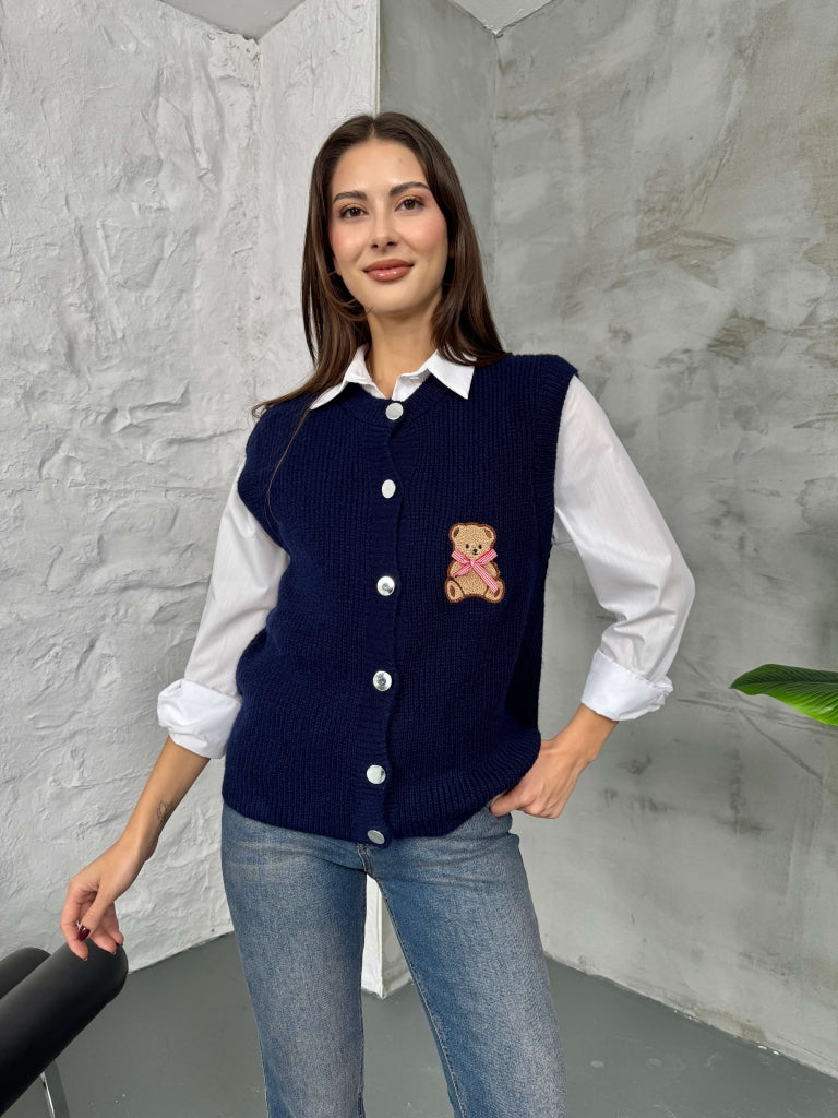 Lacivert Teddy Nakışlı Süveter