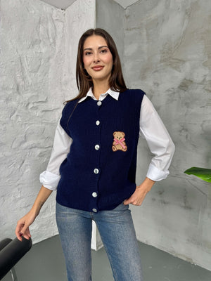 Lacivert Teddy Nakışlı Süveter