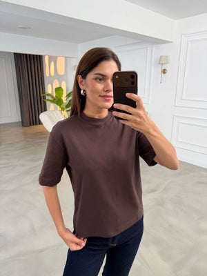 Kahverengi Bisiklet Yaka Basıc Tshirt 6597-Kahverengi