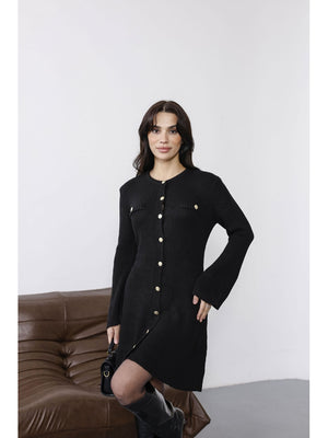 Siyah Uzun Kol Gold Düğmeli Triko Elbise 0159-Siyah