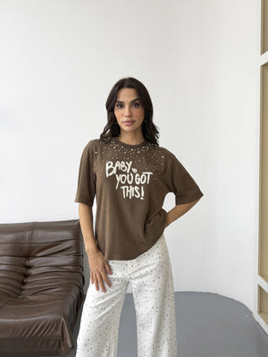 Kahverengi Taş İşleme Baskılı Tshirt 8139-Kahverengi