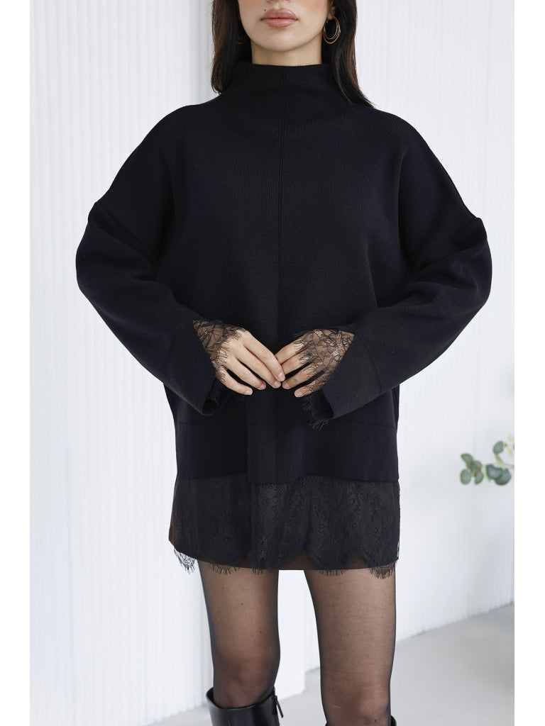 Siyah Dantelli Hakim Yaka Triko Kazak EY0101-Siyah