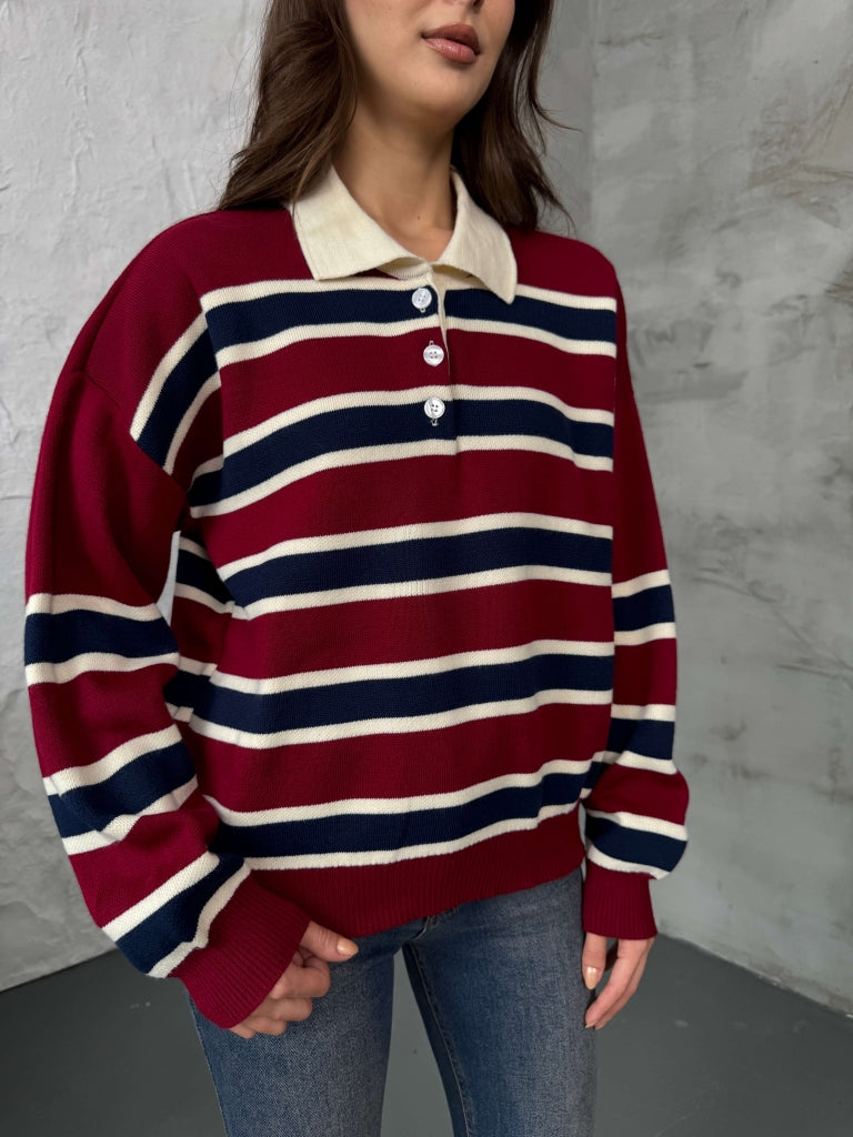 Bordo Çizgili Polo Yaka Triko Kazak
