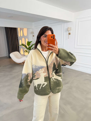 Haki Ön Fermuarlı Peluş Sweat 22889-Haki